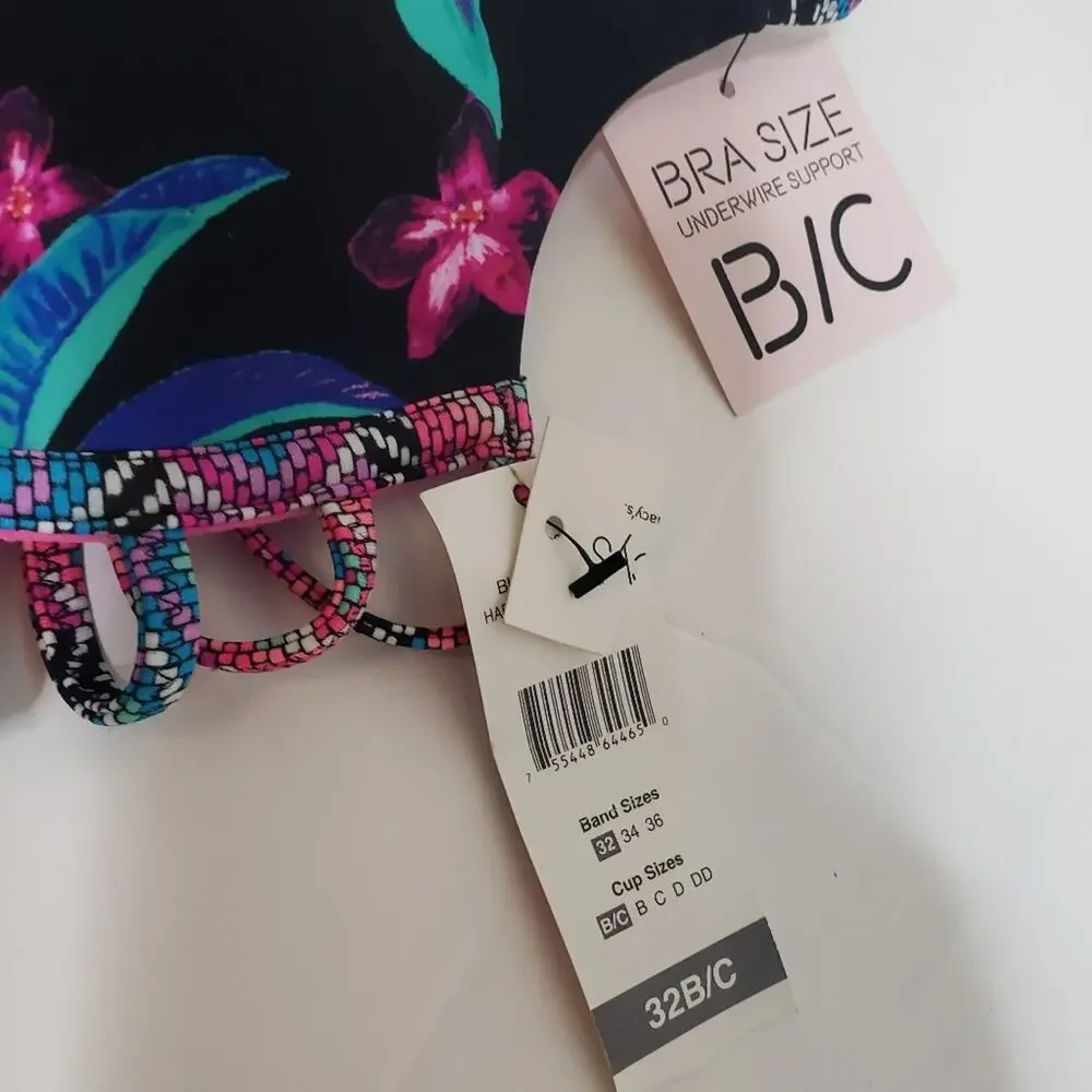 NWT Sundaze harper 2pc black pink multi floral bikini swimsuit 32 B/C LG large